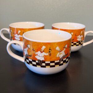 Set of 3 CYPRESS HOME Chef Pattern Ceramic Mugs / Soup Bowls with Handles